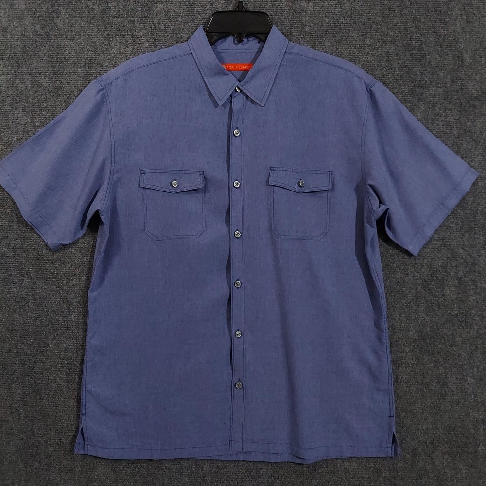 Tori Richard Shirt Mens Large‎ Blue Rayon Blend Short Sleeve Button Front Casual